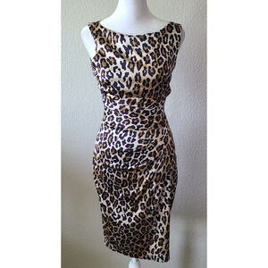 VTG Cache Leopard Animal Print Women Dress‎ SZ 2 Silky Ruched Body Con Evening